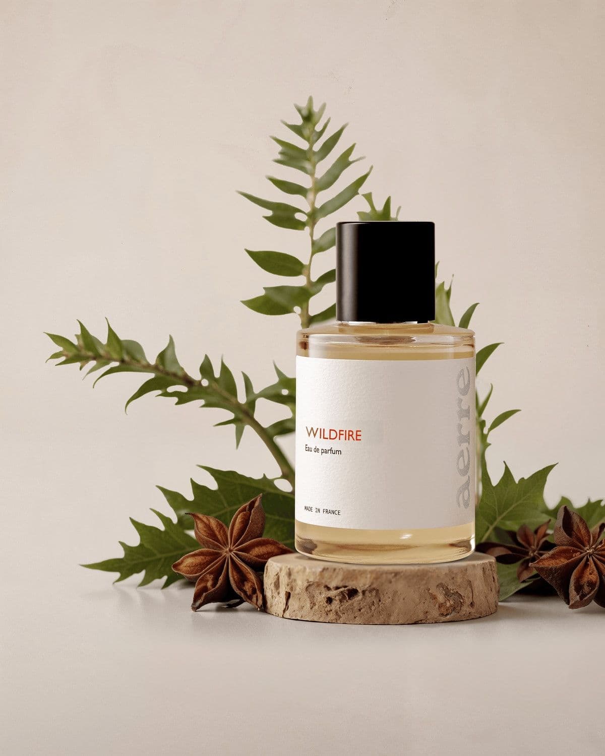Àerre 'Wildfire' perfume bottle on a wood-slice plinth surrounded by fern fronds and dried star anise pods, cream backdrop