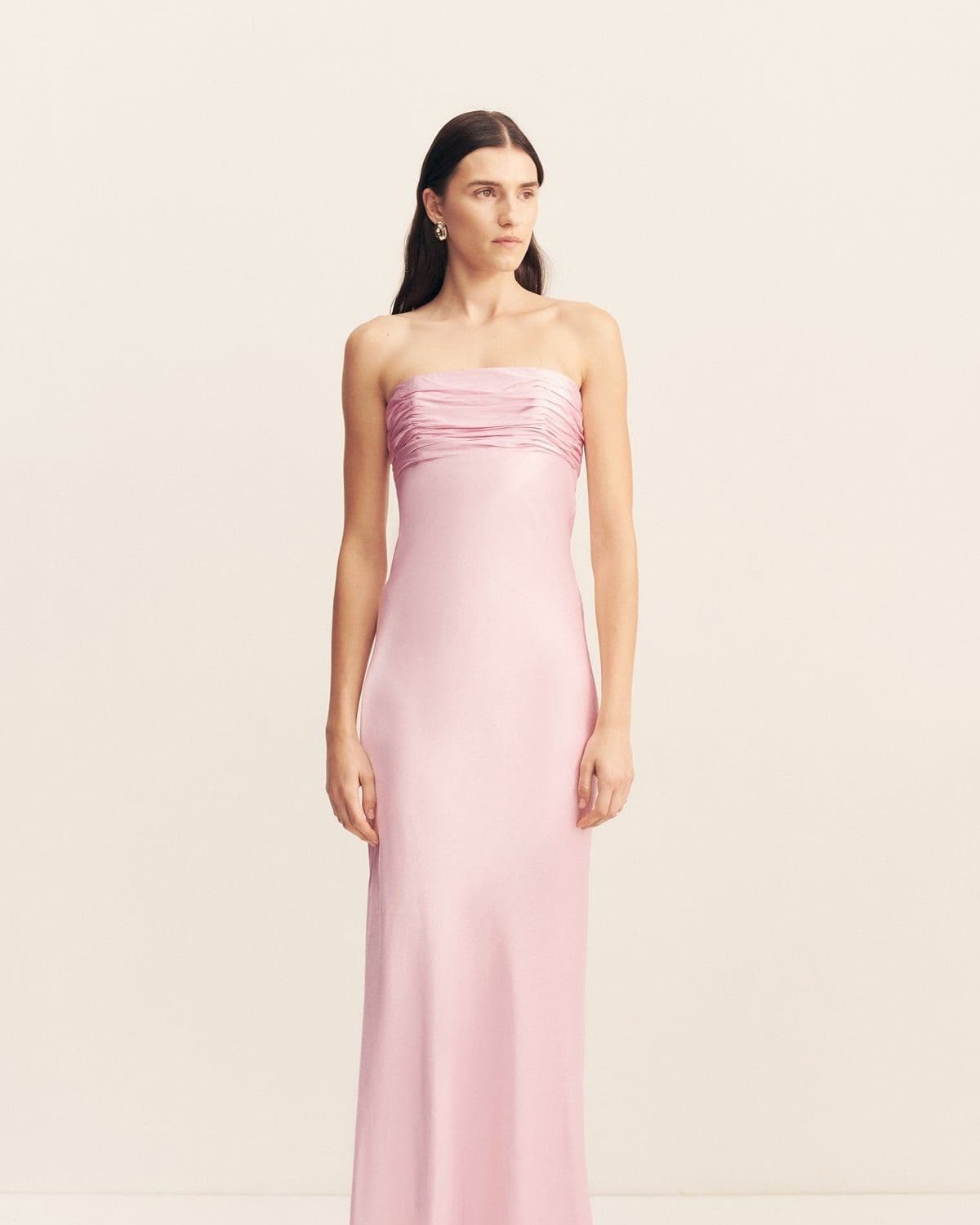 Model in the La Lune Strapless Ruched Bodice Maxi Dress (blossom pink), front-facing full-length studio shot