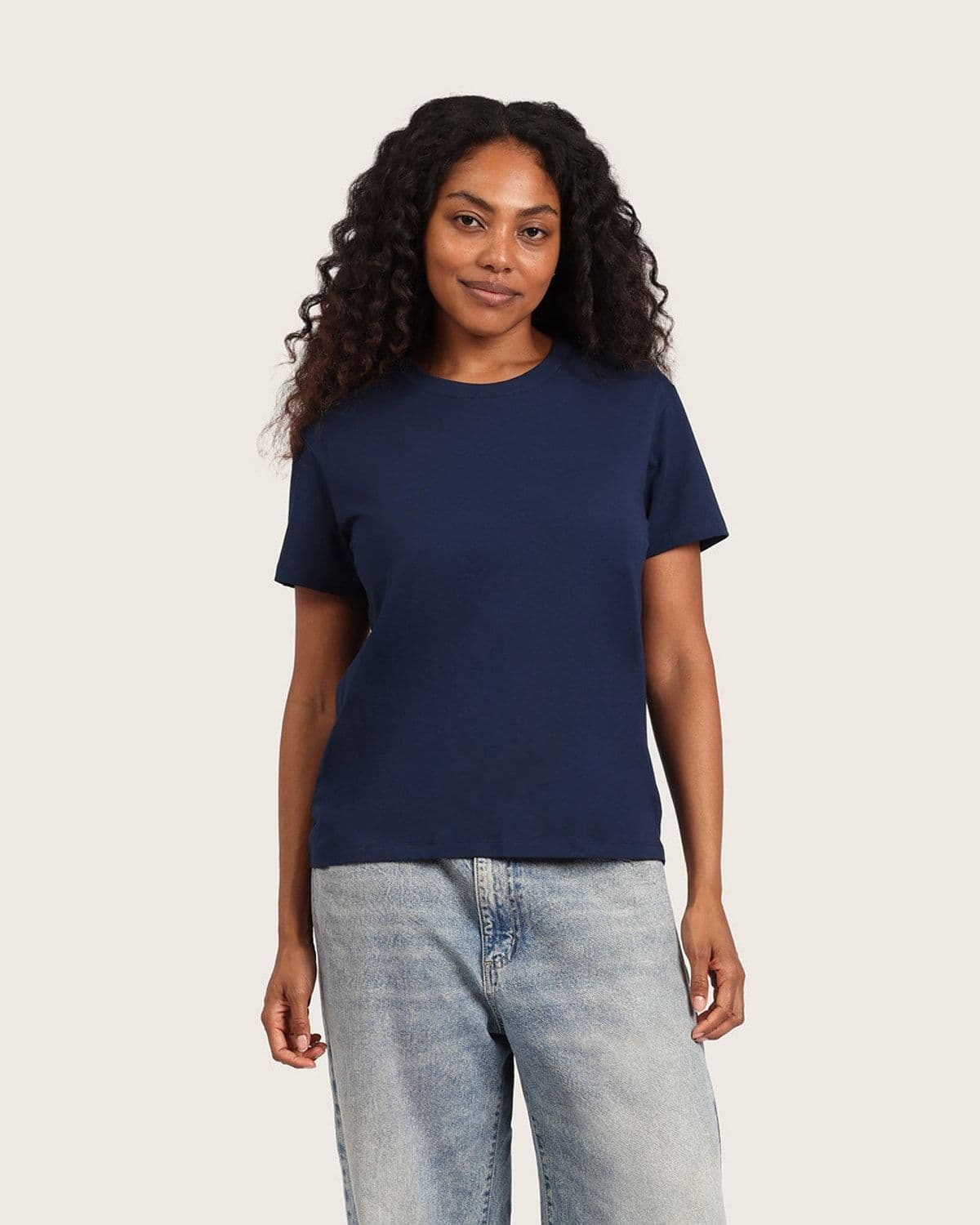 Model wearing Boody's Women's Classic Crew Neck T-Shirt in navy, front-on lifestyle/on-body shot
