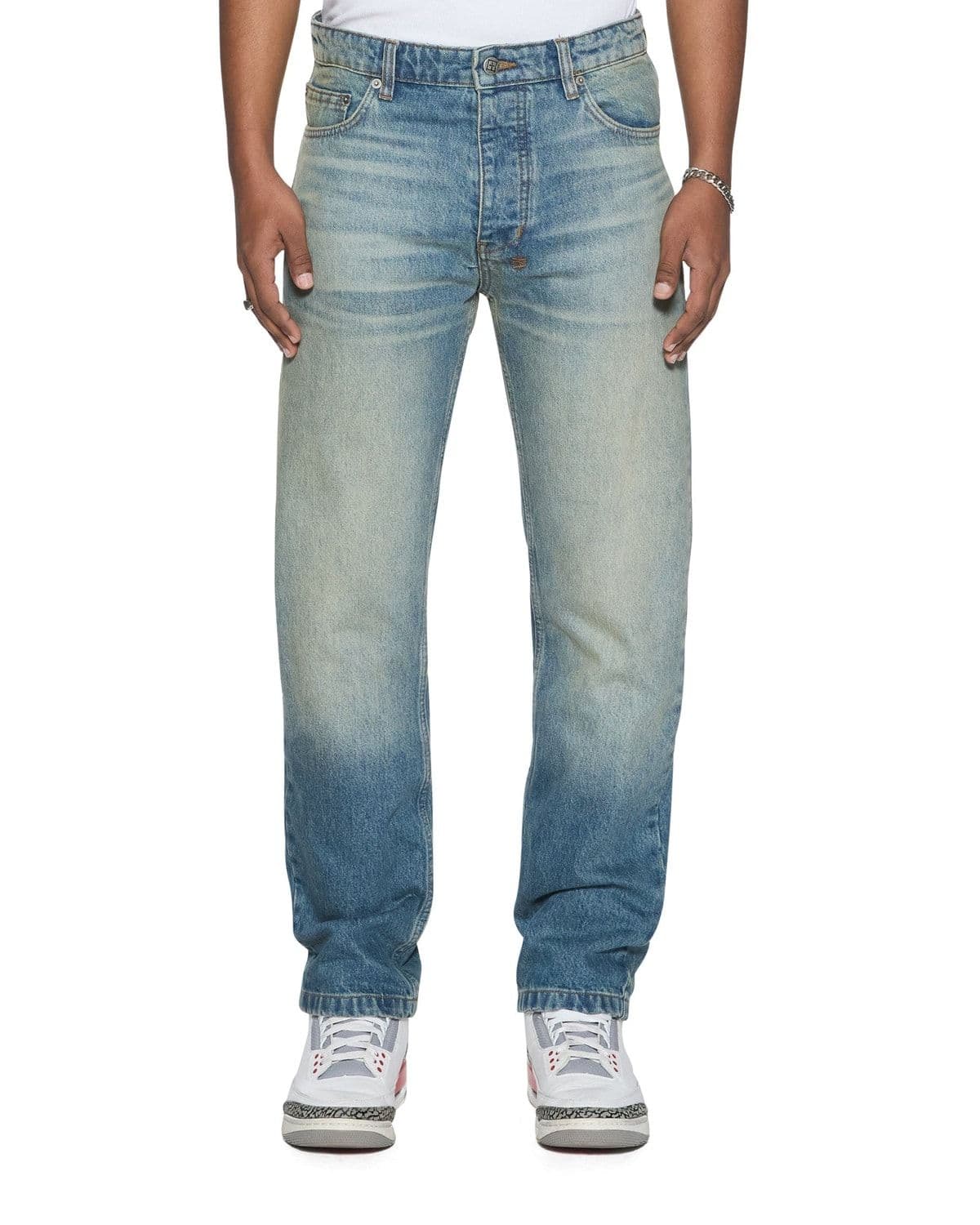 Model wearing Hazlow Portland Blue denim jeans