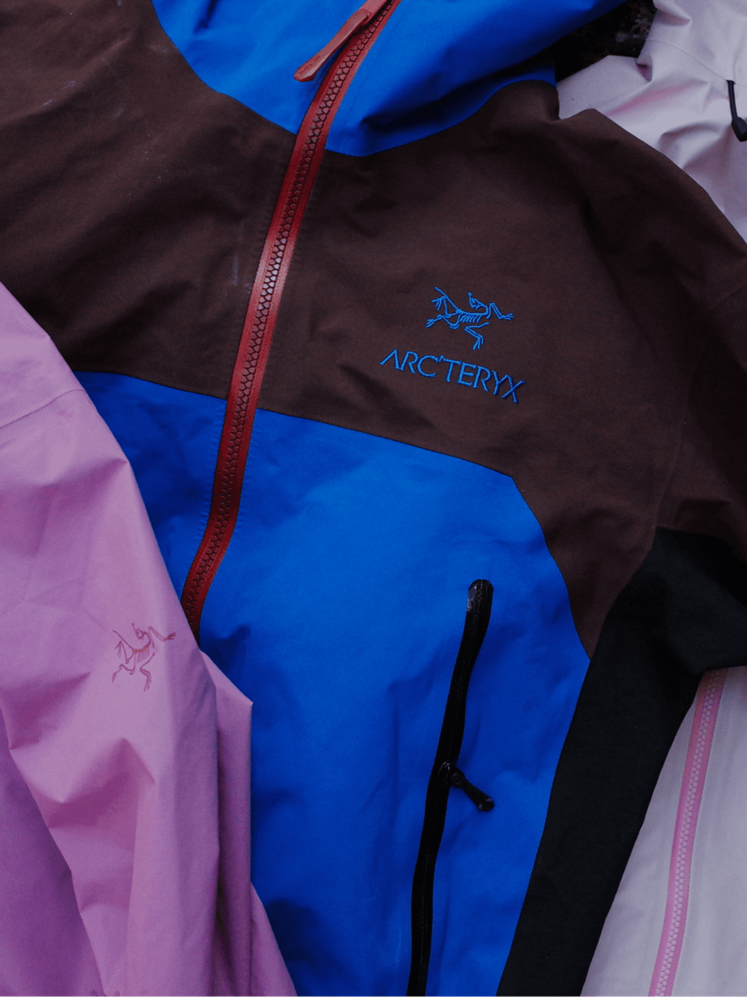 Arc'teryx shell jacket colourway detail with embroidered bird logo, from the official Arc'teryx campaign