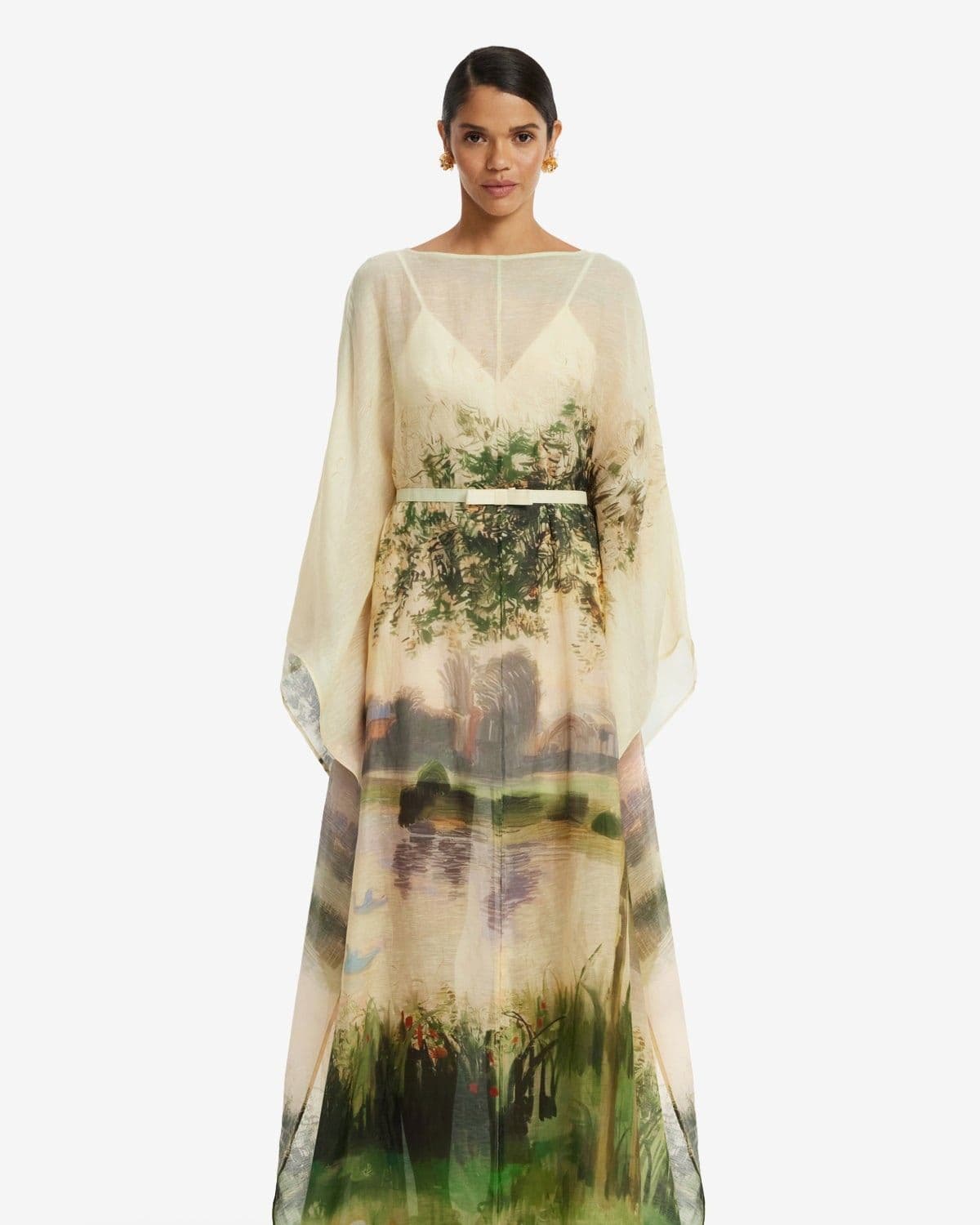 Model wearing the Willow Kaftan Maxi Dress in Serene Print, flowing maxi silhouette
