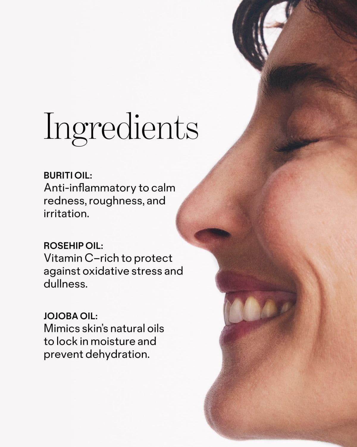 Model close-up smiling, holding Very Amazing Retinal serum to her cheek